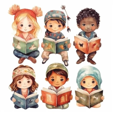 many different nationality Cute little children reading a book, folk art, watercolor, clipart elements, kawaii, white background