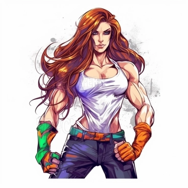 beautiful bodybuilder woman with long hair showing abs, lean and muscular, clipart, colorful hand drawing, on a white background, no frame