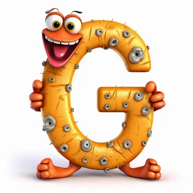 clipart style letter G, with arms, legs and friendly cute face for children