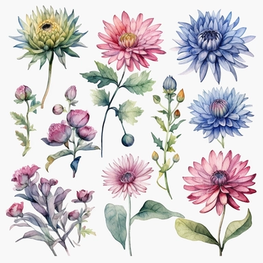 Clipart Watercolor chrysanthemum, passion flower, artichoke, clipart elements bundle