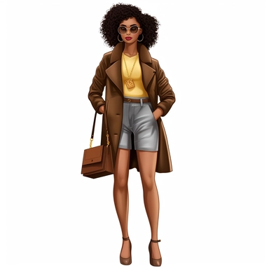 realistic illustration of Fashion-forward African American woman: Illustrate a clipart of a stylish African American woman wearing fashionable clothing and accessories. Showcase her confidence and individuality through her outfit and pose. clipart, isolated on white background, 4K