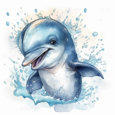 happy cute baby dolphin for kids playing in the swimming, cartoon, highly detailed, watercolor, clipart, illustration, digital painting, paper crafting, no signature, no text