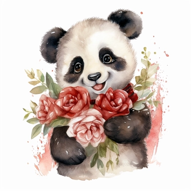 watercolor clipart, image of a happy looking laughing baby panda, holding red roses, white background, no shading, detailed, megapixel, super resolution, no mockup