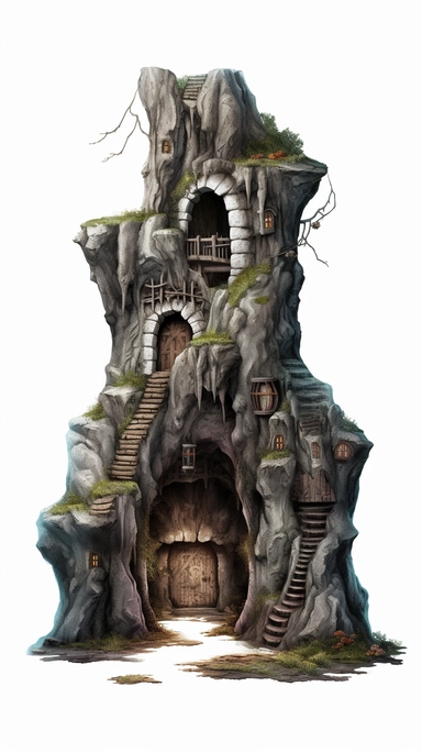 isolated images, illustrations on a white background, cave entrance , serene, dark fantasy ,Clipart, cartoon, realistic, isolated, full building, highly detailed, hdr, 32K, photo expert quality,game asset , hyperrealistic and highly detailed, isolated on a white background