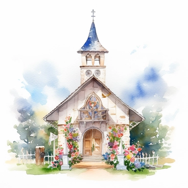 watercolor painting of wedding chapel clipart on plain white background, painted in the style of chiho aoshima