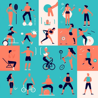 Design a clipart set that depicts various exercise and fitness activities. Add images of people doing different types of cardio activities like running, cycling, jumping, and swimming. Add images of people lifting weights, doing yoga, Pilates, or aerobics. Add elements such as water bottles, towels, or gym bags to complete the workout atmosphere. Use vibrant and energetic colors like blue, red, or green to reflect the energy of a fitness environment