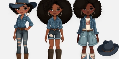 Denim girl clipart, cowboy hat, wearing black knee high boots, Denim clipart, Fashion girl clipart, Jeans Girl Clipart, African American clipart, Afro girls clipart--seed 2829693263,