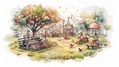 realistic burnished watercolored pencil pie social in the park scene clipart, summer flowers, detailed, on white background, spaced out