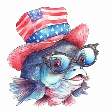 Fish wearing a hat 4th of july style, wearing sunglasses style by Lucy Fleming, watercolor, smooth gradients, black contour outline, ultra detailed, clipart elements, delicate pastel colors, solid white background, super clear, high quality