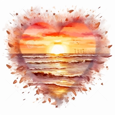 Retro Heart Beach Sunset Watercolor Clipart, Watercolor Beach Sunset in a Heart Shape Clipart, Beach Clipart, sand, starfish, Clipart, highly detailed, plain white background 8k