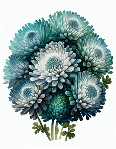 detailed vibrant watercolor round bouquet of 8 pieces arctic blue chrysanthemum flower , isolated on white background, realistic, clipart