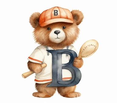 create watercolor clipart of letter B , cute animal in baseball costumes with baseball, incredibly high detail, 16k, gorgeous, white background