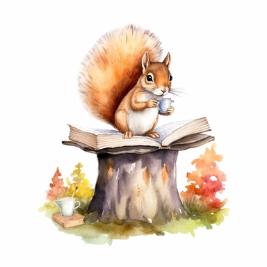 an imaginative watercolor clipart image with a white background, featuring a cute cartoon squirrel bookworm sitting on a mushroom, reading a magical book