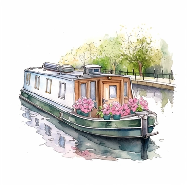 watercolour, pretty canal boat, detailed, summer time, clipart, white background