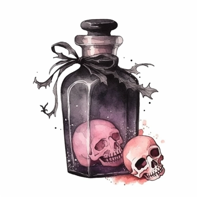 Vintage Halloween poison bottle, dark pink and black color, watercolor, clipart, illustration, white background