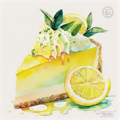Watercolor one lemon cheesecake Clipart, citrus lemon, vibrant color, high details, white background, no text