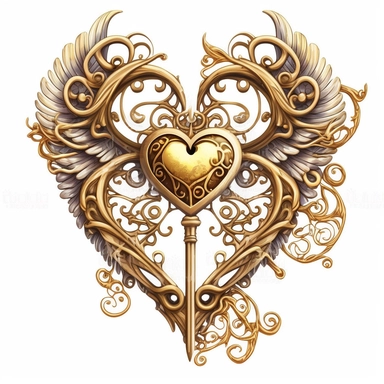 golden key with wings, with a heart, elven filigree, watercolor clipart, white background, high detail