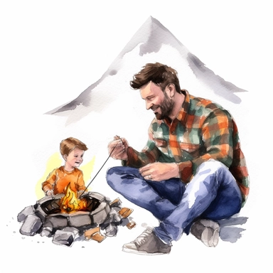 A father and son camping, sitting around a campfire and roasting marshmallows, Watercolor, Clipart, detailed, high resolution, transparent background PNG