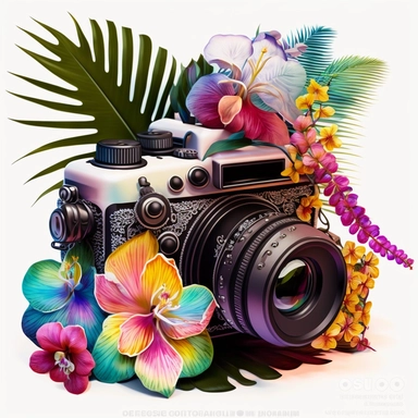 clipart of an old fashioned photo camera, 1 photo lens only, surrounded by an intricate arrangement of dramatic extravagant digital 3D rainbow orchid, palm leaves, in the style of large-scale photography, lush detailing, cartoon style, playfully intricate, made of flowers, bloomcore, thaï ambiant, 8K, clipart, clear background