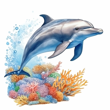 A big overrealistic bottlenose dolphin with watercolor effect,coral reefs,deep water,dark water scene,suitable for digital clipart,white background Clipart ,Cartoon,hyper realistic, intricate detail, illustration style,high solution,on the white background