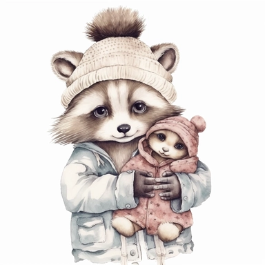 cute watercolor of baby racoon clipart hugging a baby girl racoon wearing a cute outfit and hat, white background, botanical, cute, hd