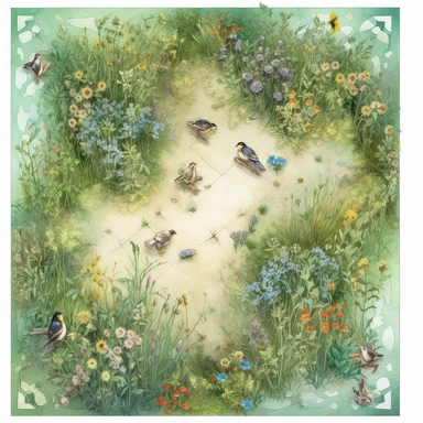 board clipart with a transparent background, depicting a bird's-eye view of grasslands, light green color palette with subtle variations, small patches of tall grass, interspersed with colorful flowers and occasional bushes, designed for a game environment,