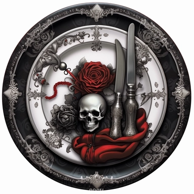 a clipart dinner plate in gothic art style including skulls, ribbons, roses, goth theme, white background