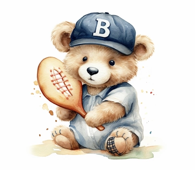 create watercolor clipart of letter B , cute animal in baseball costumes with baseball, incredibly high detail, 16k, gorgeous, white background