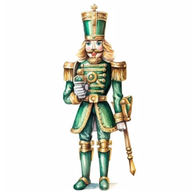 Christmas Nutcracker, Green and Gold colors in watercolor pencil drawing style, on a white background, clipart, high details, hdr, hyperrealism