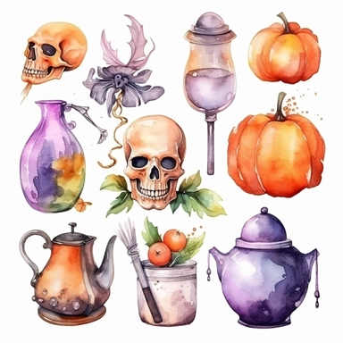 Halloween watercolor clipart postcard elements sweets, pumpkin, bones, lollipop, eyeball, witch hat, cauldron, haunted house, skull, coffin, potions, Magic ball
