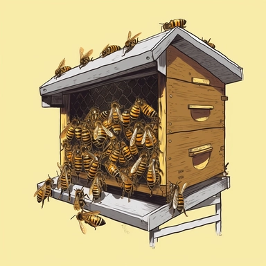 A close-up view of a modern Langstroth hive, showcasing its modular design and bees entering or exiting through the hive's entrances. (Digital drawing clipart, image black border color, full body, flat texture, transparent background)