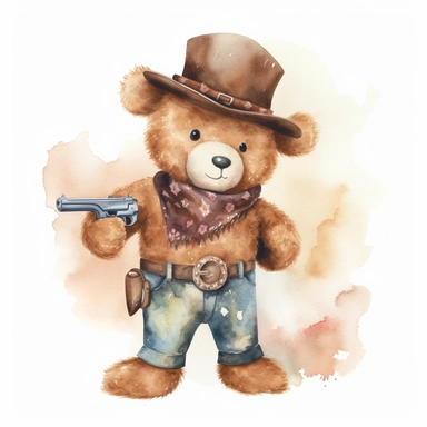 A cute watercolor clipart of a teddy bear dressed in Wild West cowboy attire, with a hat, boots, and a bandana around its neck. The bear has a confident stance and a revolver in its holster