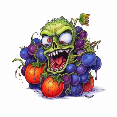 zombie fruit, cartoon, colored pencils, white background, black outline, Clipart extremely detailed