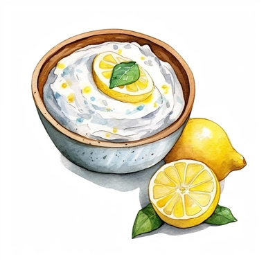 A top view clipart image of a greek bowl of tzatziki and a piece of lemon and a piece of greek pita, watercolor clipart, transparent white background, soft cinematic lights, juicy, bright, high quality, ultra detailed, 32k