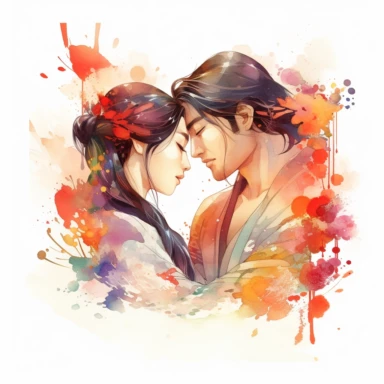 watercolor Disney Mulan and Li Shang together, romantic moment, clipart, white background, by Kawacy