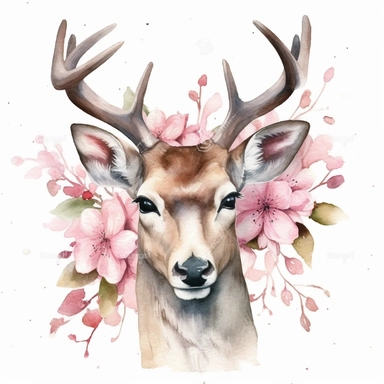 Deer portrait, pink magnolia flowers on the antlers, watercolor, clipart, illustration no background