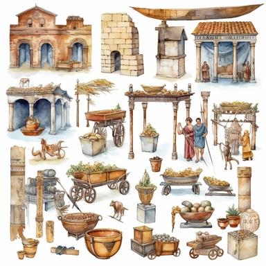 Watercolor roman bazaar with roman people shopping , illustrations clipart set, simple, , cartoon elements, different variants , iron elements, marble elements, separate elements with a margin