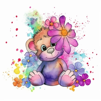 watercolor stuffed toy monkey with flowers, clipart , cute, alcohol ink, splatter effect