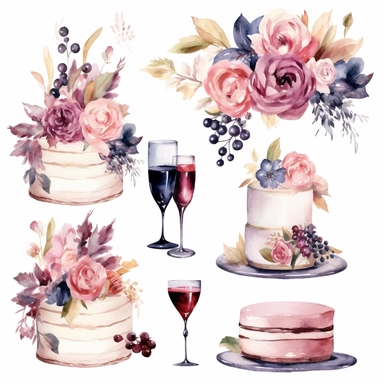 vector collection, wedding, feast, wine glasses, balloons, ribbons, party, happiness, wedding cake, bouquet, flowers, clipart, watercolor, 8k, white background.