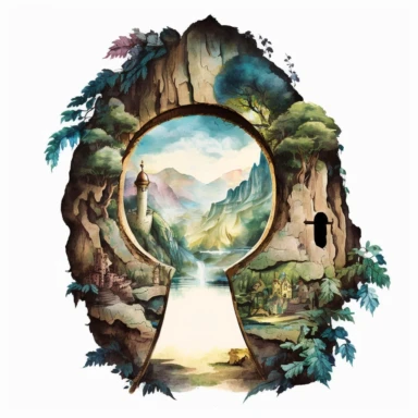 looking through a keyhole to a fantasy scene. artwork medium is watercolor clipart.