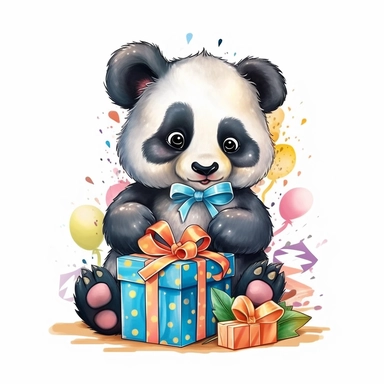 happy baby panda birthday illustration clipart, detailed, outline, white background, 4k, digital art