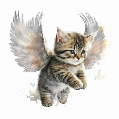 tabby kitten with angel wings flying, cute, watercolor, white background, clipart