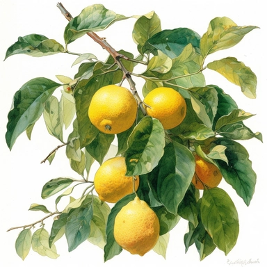 a simple gorgeous A lemon branch with leaves and fruits on white background clipart, watercolor painting, high quality, vibrant, Paul Cezanne, Gari Melchers, Ilya Mashkov, Vicente Romero Redondo, Willem van Aelst
