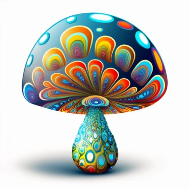 An AI generator could create a 2D, psychedelic mushroom clipart that features a brightly colored, cartoonish mushroom with a bulbous cap, adorned with swirling patterns in shades of bright azure, vibrant crimson, shimmering metallic silver, and brilliant yellow. The stem is thin and twisted, and it too is covered in the same psychedelic patterns, with the addition of metallic silver and yellow. The mushroom is set against a background of swirling colors, giving the overall image a dizzying, trip
