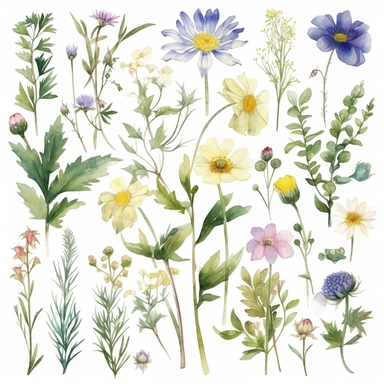 Meadow Wild Flower Watercolor Clipart, Botanical Wild Flowers Clipart, individual elements