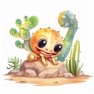 a baby scorpion with cute big eyes, happy smiling face, cute animal, adorable, playful atitude, adorable watercolor animal clipart with a few cactus and sand decor, no background, high quality