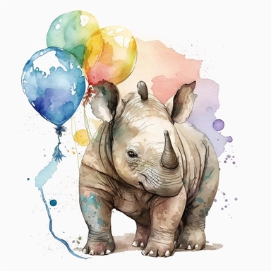 Safari Baby Animal Watercolor Clipart, Cute Baby Rhino, Cute Jungle Animal, Birthday Baby Rhino, colorful balloons, no image noise, no lettering, hyperdetail, maximum detail
