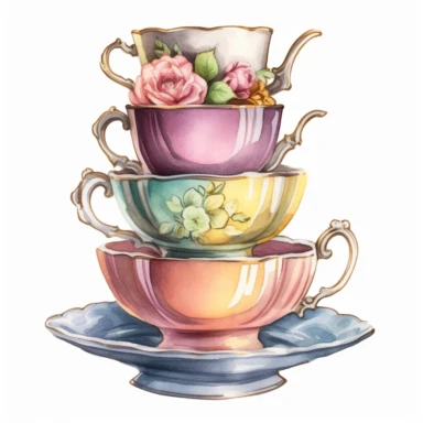 Make a clipart of a stack of five different colored victorian tea cups, use pastel color, watercolor style