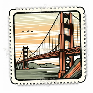 postage stamp of golden gate bridge, modern, minimalist, cartoon style, white background, clipart, neutral colors, clean lines