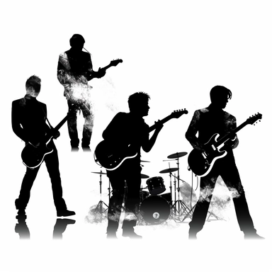 high resolution, solid black silhouettes, clip art, rock band themed, 4k, white and black only